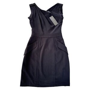 NWT BCBG MAXAZRIA Black Pleated VNeck Sheath Dress 0 Cocktail LBD Pockets Career